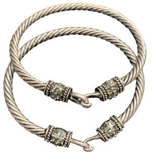 Set of 2 Antique/Vintage Stainless Steel Cable Crystal Accent Buckle Bracelets